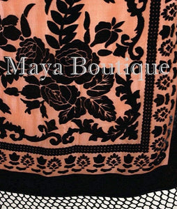 Silk Piano Shawl Wrap Scarf Burnout Velvet Tangerine & Black Maya Matazaro