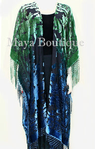 Blue Green Wearable Art Kimono Caftan Jacket Velvet Hand Dyed Maya Matazaro