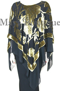 Maya Matazaro Layered Poncho Top Silk Burnout Velvet Chiffon Black Antique Gold