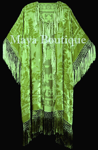 Greenery Green Silk Burnout Velvet Fringe Jacket Kimono Duster Maya Matazaro