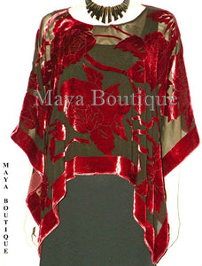 Silk Burnout Velvet Poncho Kimono Top Ruby Red & Black No Fringe Maya Matazaro