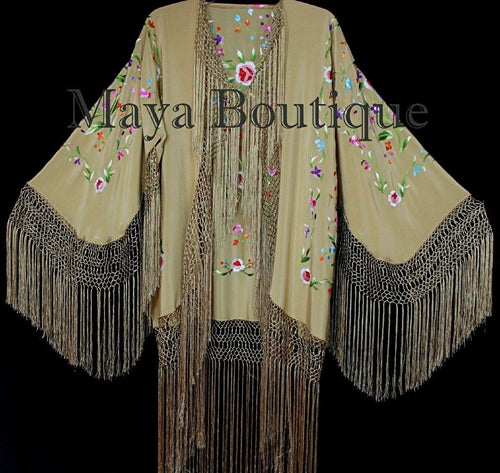 Gold Beige Silk Embroidered Fringe Jacket Flamenco Kimono Multi Maya Matazaro