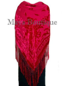 Scarlet Red Silk Burnout Velvet Piano Shawl Wrap Fringed Scarf Maya Matazaro