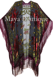 Maya Matazaro Tye Dye Burgundy Multi Fringe Kimono Burrnout Velvet Jacket Coat