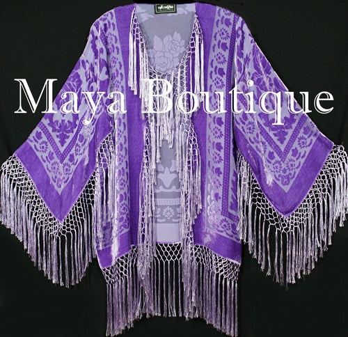 Maya Matazaro Lavender Silk Burnout Velvet Fringe Jacket Short Kimono Hand Dyed