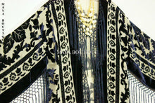 Maya Matazaro Silk Burnout Velvet Fringe Jacket Kimono Bolero Beige & Black