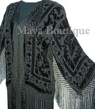 Black Kimono Silk Burnout Velvet Fringe Jacket Short Maya Matazaro Made in USA