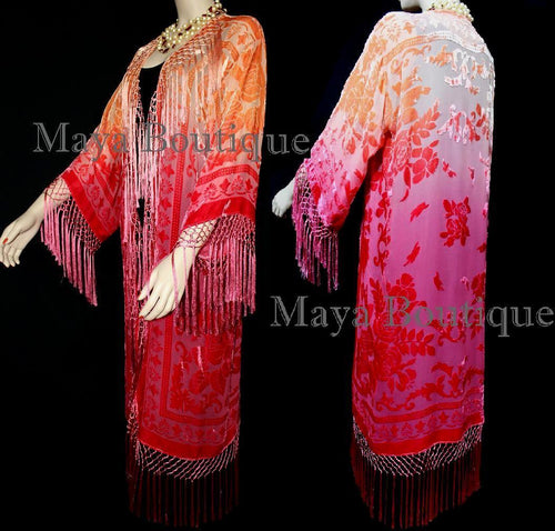 Raspberry Peach Burnout Velvet Kimono Jacket Hand Dyed Maya Matazaro USA Made