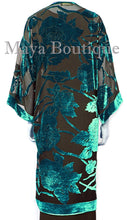 Teal Long Kimono Jacket Silk Burnout Velvet No Fringe Maya Matazaro