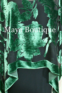 Silk Burnout Velvet Poncho Kimono Top Emerald & Black No Fringe Maya Matazaro