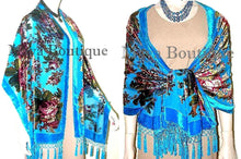 Turquoise Wrap Scarf Shawl Silk Burnout Velvet English Rose Beaded Maya Matazaro