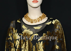 Maya Matazaro Antique Gold & Black Burnout Velvet Poncho Shawl Top With Fringes