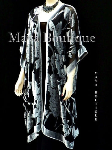 Maya Matazaro Silk Burnout Velvet Jacket Kimono Duster Silver Black No Fringe