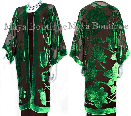 Green Long Kimono Jacket Silk Burnout Velvet No Fringe Maya Matazaro