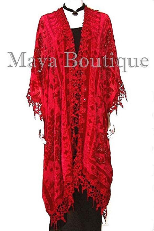 Red Burnout Velvet & Lace Kimono Caftan Jacket Duster Maya Matazaro
