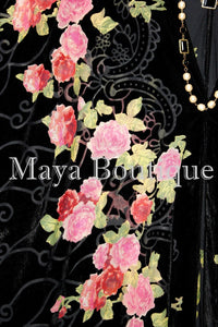 Tea Roses Caftan Kimono Burnout Velvet Black Red & Pink Usa Made Maya Matazaro