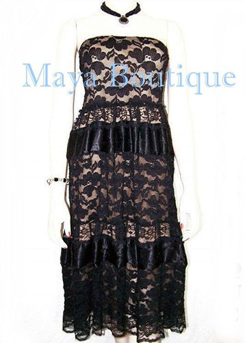 Black Lace Tube Dress / Skirt Embellished With Satin Ribbon Beige Lining S / M