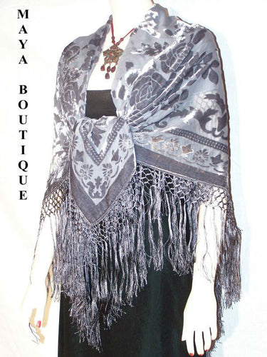 Piano Shawl Wrap Scarf Silk Burnout Velvet Silver Gray Maya Matazaro