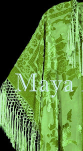 Greenery Green Silk Burnout Velvet Fringe Jacket Kimono Duster Maya Matazaro