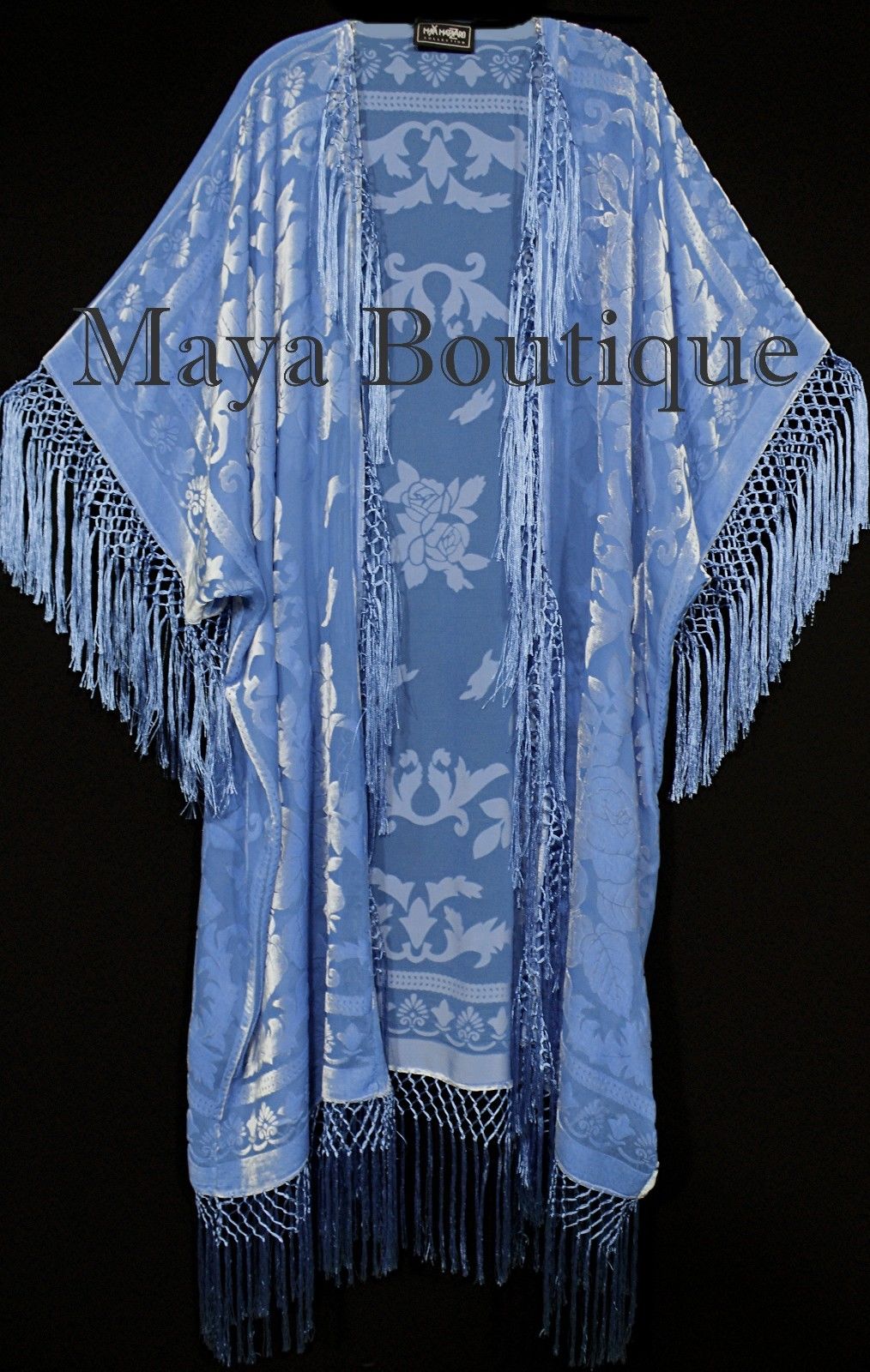 Serenity Blue Fringe Jacket Kimono Duster Silk Burnout Velvet Maya Matazaro Plus