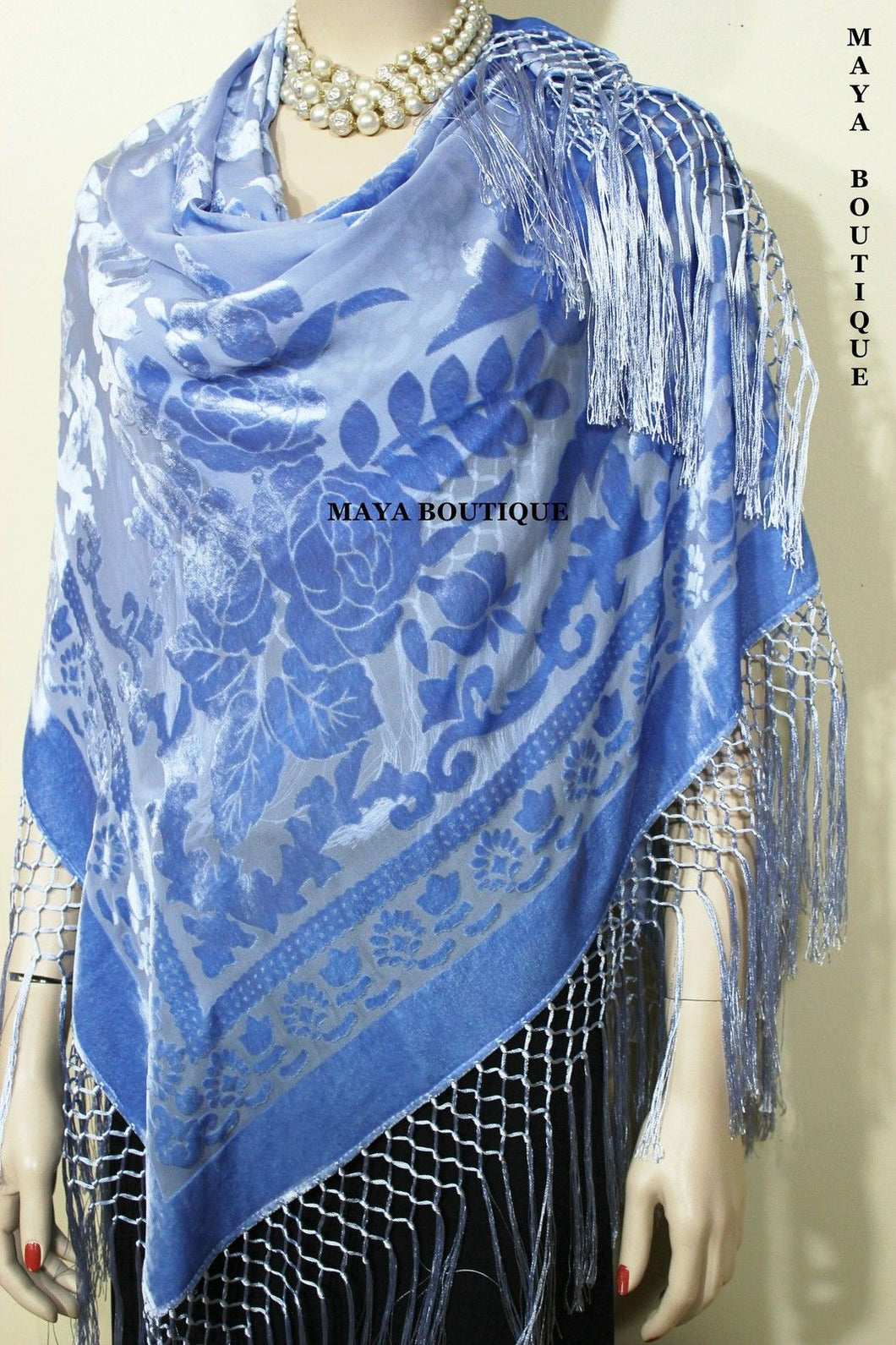 Piano Shawl Wrap Scarf Silk Burnout Velvet Sky Blue Hand Dyed Maya Matazaro