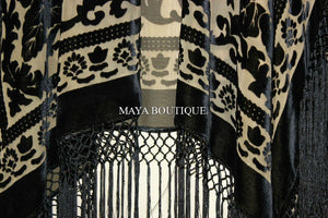 Caftan Duster Fringe Jacket Kimono Black & Beige Silk Burnout Velvet Maya