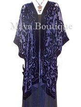 Navy Blue Caftan Kimono Duster Burnout Velvet Art Nouveau Maya Matazaro