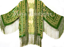 Green & Gold Fringe Jacket Kimono Silk Burnout Velvet Short Maya Matazaro