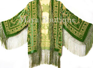Green & Gold Fringe Jacket Kimono Silk Burnout Velvet Short Maya Matazaro