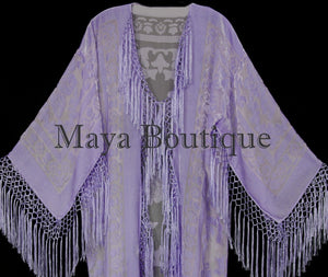 Dusty Lilac Silk Burnout Velvet Fringes Jacket Kimono Long Coat Maya Matazaro