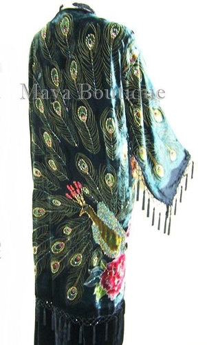 Jacket Kimono Opera Coat Silk Burnout Velvet Beaded Peacock Black Maya Matazaro