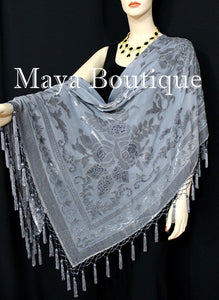 Gray Piano Shawl Scarf Wrap All Beaded Silk Burnout Velvet Maya Matazaro