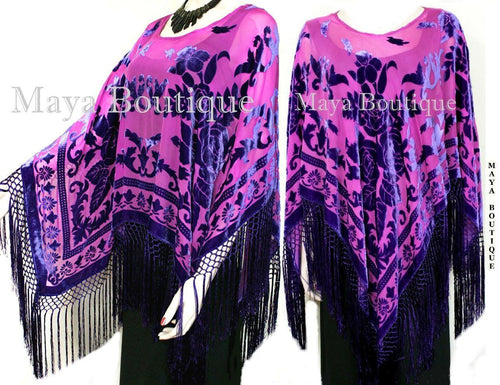 Silk Burnout Velvet Poncho Kimono Top Shawl Magenta & Purple Maya Matazaro