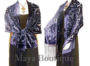 Shawl Wrap Scarf Burnout Velvet Art Nouveau Oblong Navy Blue Maya Matazaro