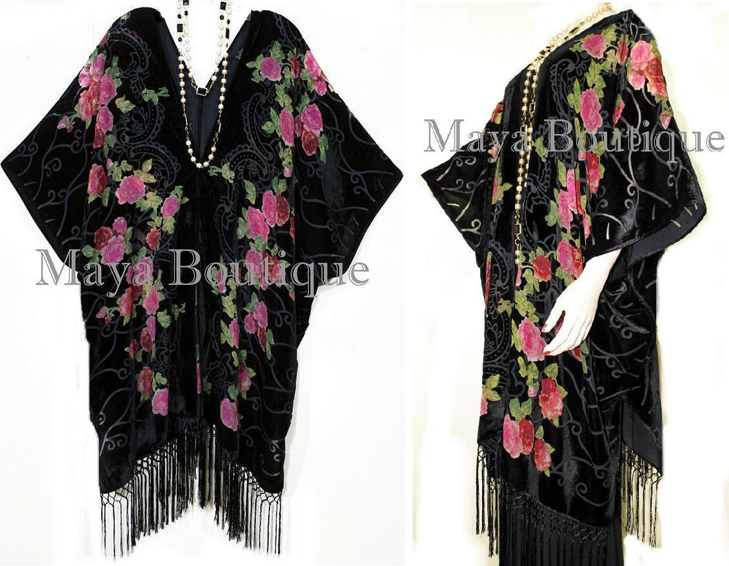 Tea Roses Caftan Kimono Burnout Velvet Black Red & Pink Usa Made Maya Matazaro