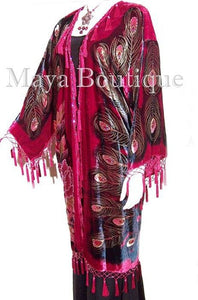 Red Beaded Peacock Duster Kimono Opera Coat Silk Velvet Maya Matazaro