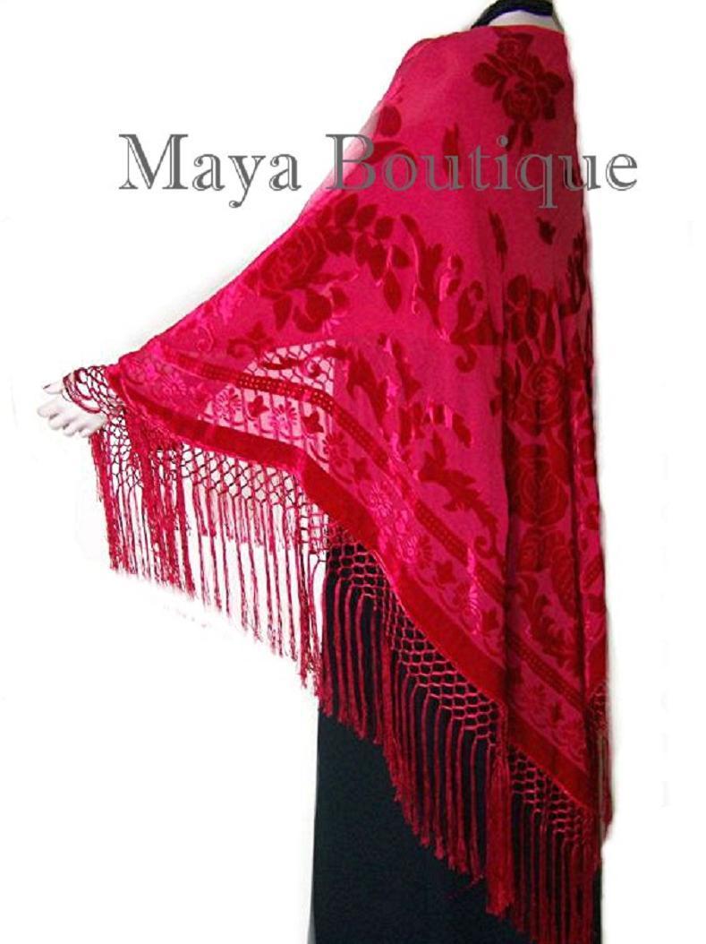 Scarlet Red Silk Burnout Velvet Piano Shawl Wrap Fringed Scarf Maya Matazaro