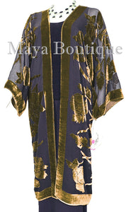 Antique Gold Long Kimono Jacket Silk Burnout Velvet No Fringe Maya Matazaro