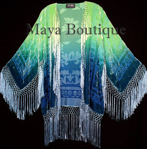 Burnout Velvet Silk Fringe Jacket Kimono Hand dyed Green Teal Maya Wearable Art