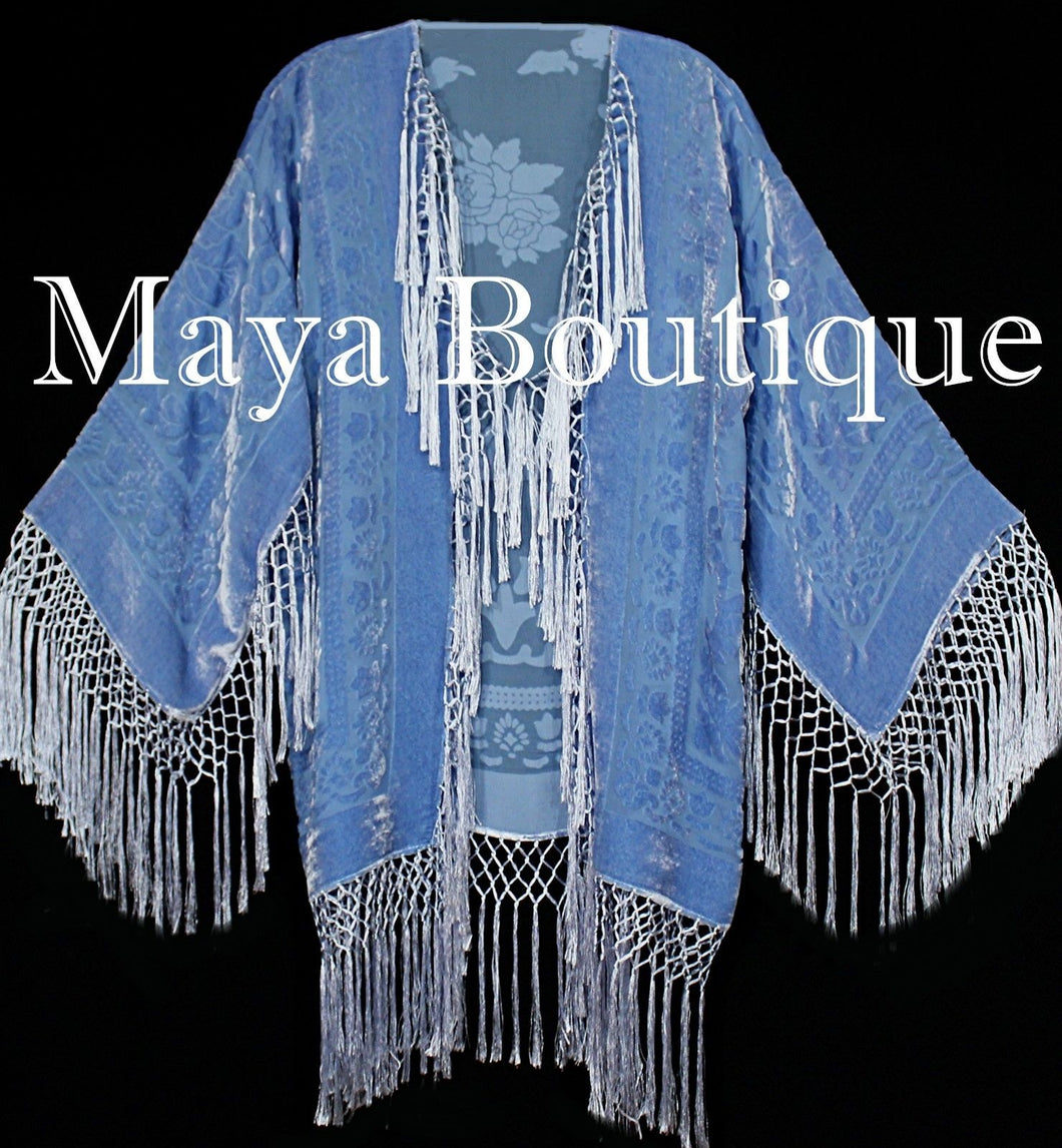 Maya Matazaro Serenity Blue Kimono Silk Burnout Velvet Fringe Jacket Short