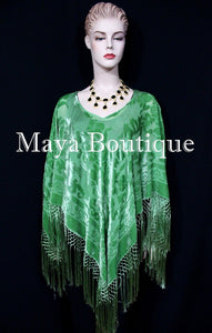 Green Silk Burnout Velvet Poncho Fringe Top Shawl Hand Dyed Maya Matazaro
