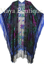 Maya Matazaro Tye Dye Navy Blue Multi Fringe Kimono Burrnout Velvet Jacket Coat