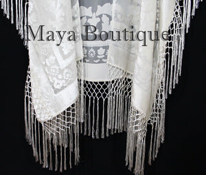 Ivory Kaftan Duster Fringe Jacket Kimono Opera Coat Burnout Velvet Maya Matazaro