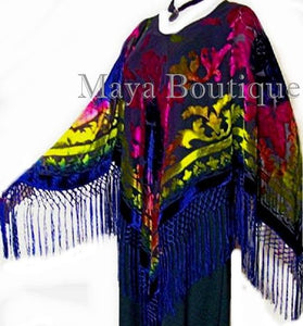 Tye Dye Poncho Shawl Fringe Top Burnout Velvet Blue Pink Multi Maya Matazaro