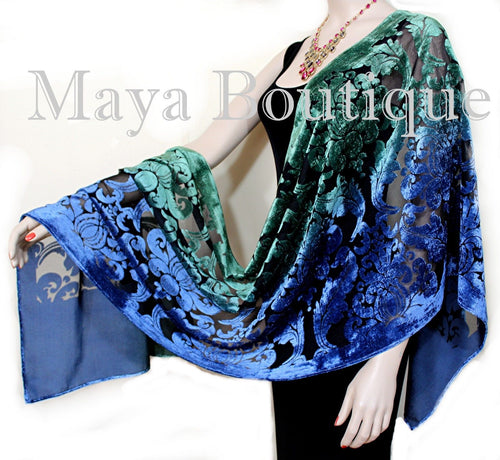 Hand Dyed Maya Matazaro Baroque Shawl Wrap Scarf Burnout Velvet Green Blue Ombre