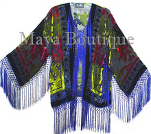 Tye Dye Blue Multi Short Fringe Jacket Kimono Silk Burnout Velvet Maya Matazaro