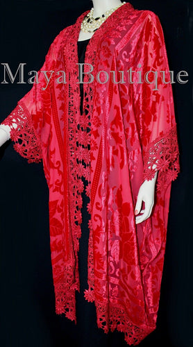 Red Lace & Burnout Velvet Kimono Caftan Jacket Duster Maya Matazaro Plus