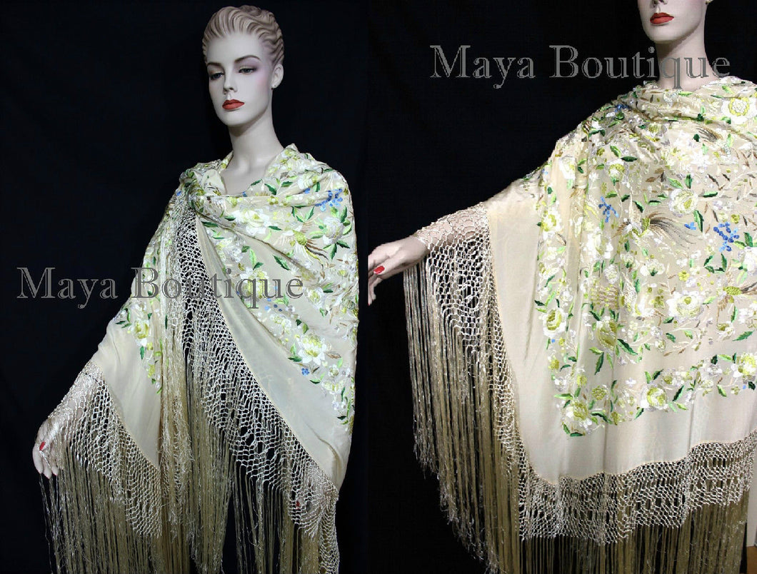 Flamenco Embroidered Silk Piano Shawl Wrap Pastels Flower Birds Greens 90