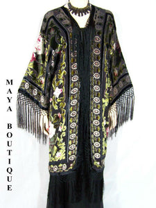 Flapper Style Fringe Jacket Kimono Silk Burnout Velvet Black Multi Roses Maya