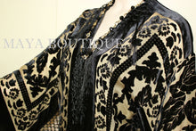 Maya Matazaro Beige & Black Silk Burnout Velvet Fringes Jacket Kimono Long Coat